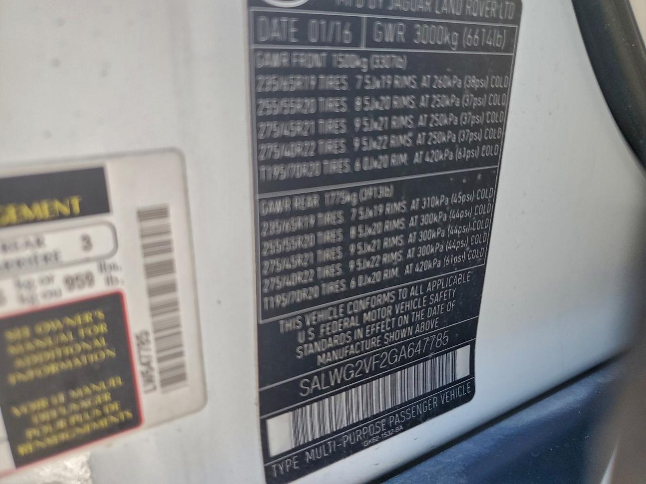 2016 Land Rover Range Rover Sport Se VIN: SALWG2VF2GA647785 Lot: 94552185