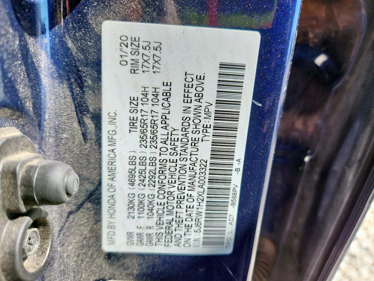 2020 Honda Cr-V Lx VIN: 5J6RW1H2XLA003322 Lot: 90952865