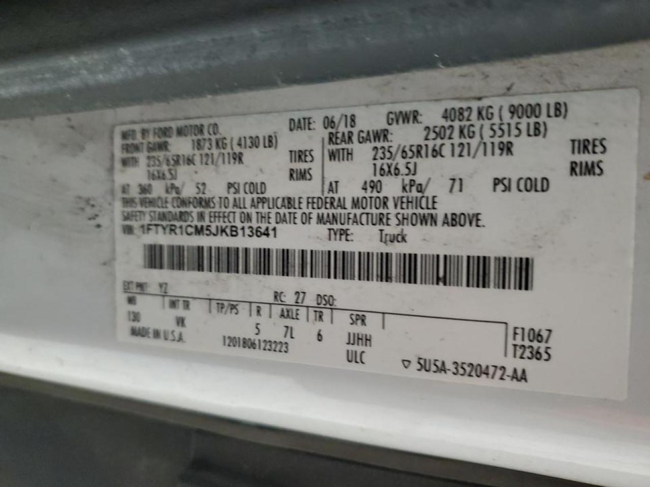 2018 Ford Transit Delivery Van VIN: 1FTYR1CM5JKB13641 Lot: 91458725