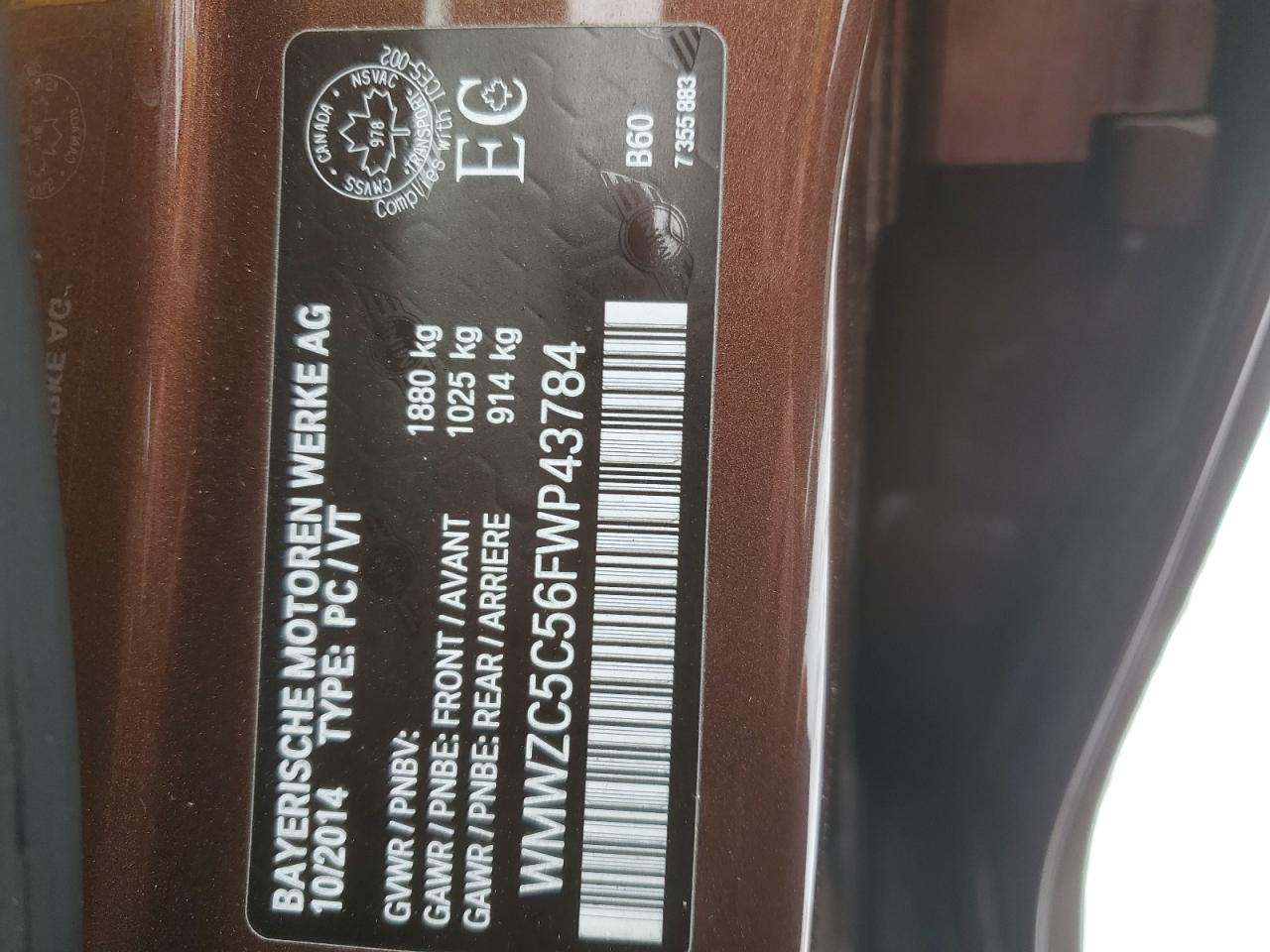 2015 Mini Cooper S Countryman VIN: WMWZC5C56FWP43784 Lot: 93182535