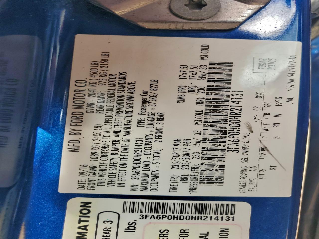 2017 Ford Fusion Se VIN: 3FA6P0HD0HR214131 Lot: 94031745