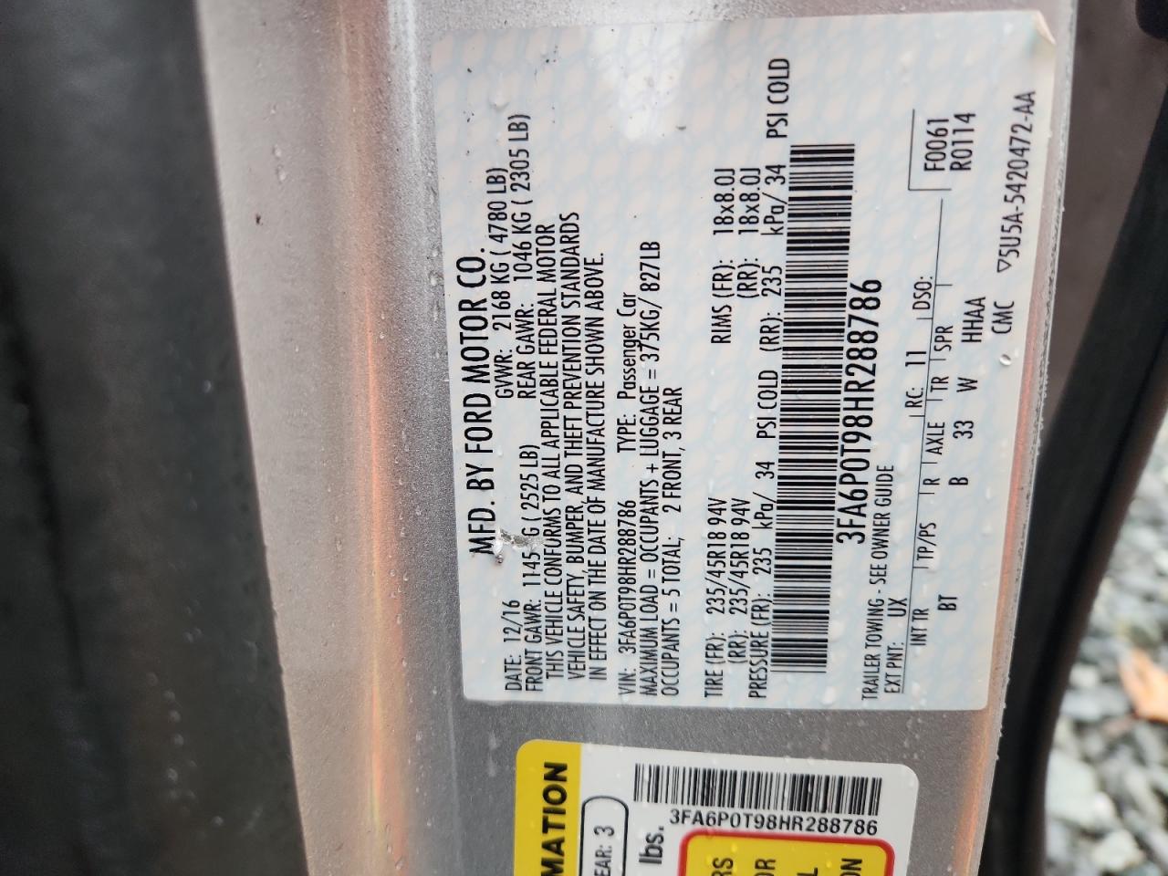 2017 Ford Fusion Se VIN: 3FA6P0T98HR288786 Lot: 92187105