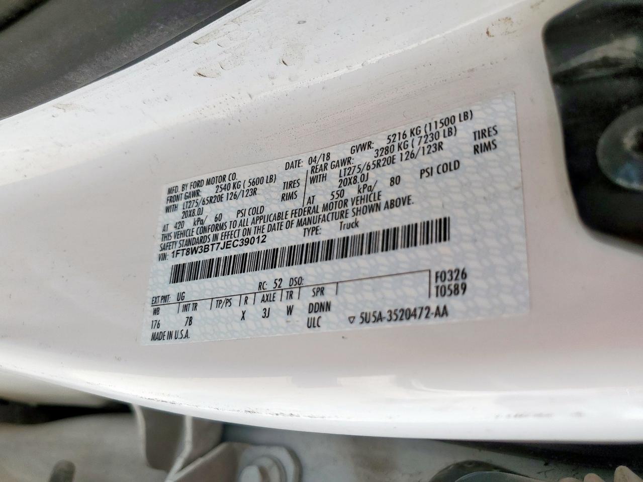 2018 Ford F350 Super Duty VIN: 1FT8W3BT7JEC39012 Lot: 94060465