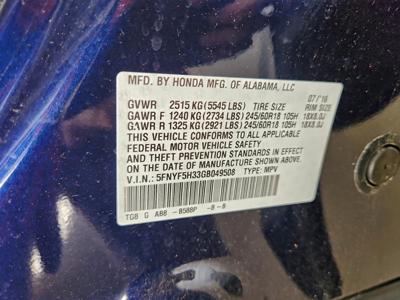 2016 Honda Pilot Ex VIN: 5FNYF5H33GB049508 Lot: 93685335