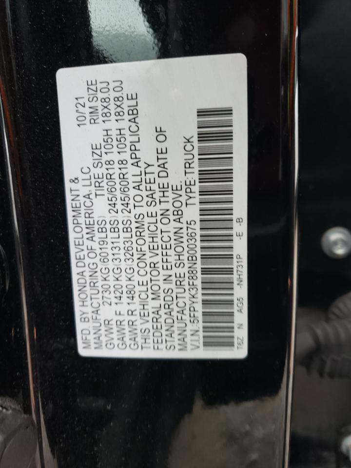 2022 Honda Ridgeline Black Edition VIN: 5FPYK3F88NB003675 Lot: 93335325