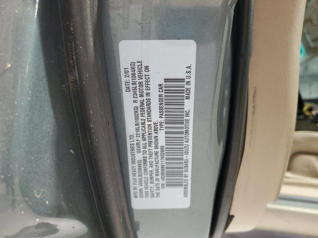 2001 Subaru Legacy Outback Limited VIN: 4S3BH686117652695 Lot: 89795465