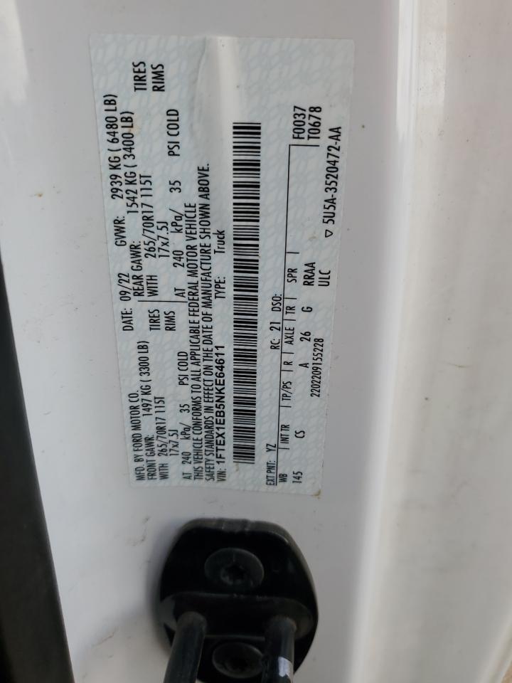 2022 Ford F150 Super Cab VIN: 1FTEX1EB5NKE64611 Lot: 92690485