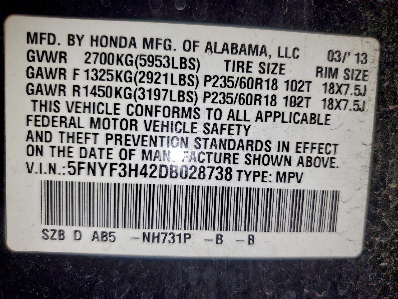 2013 Honda Pilot Ex VIN: 5FNYF3H42DB028738 Lot: 93485975
