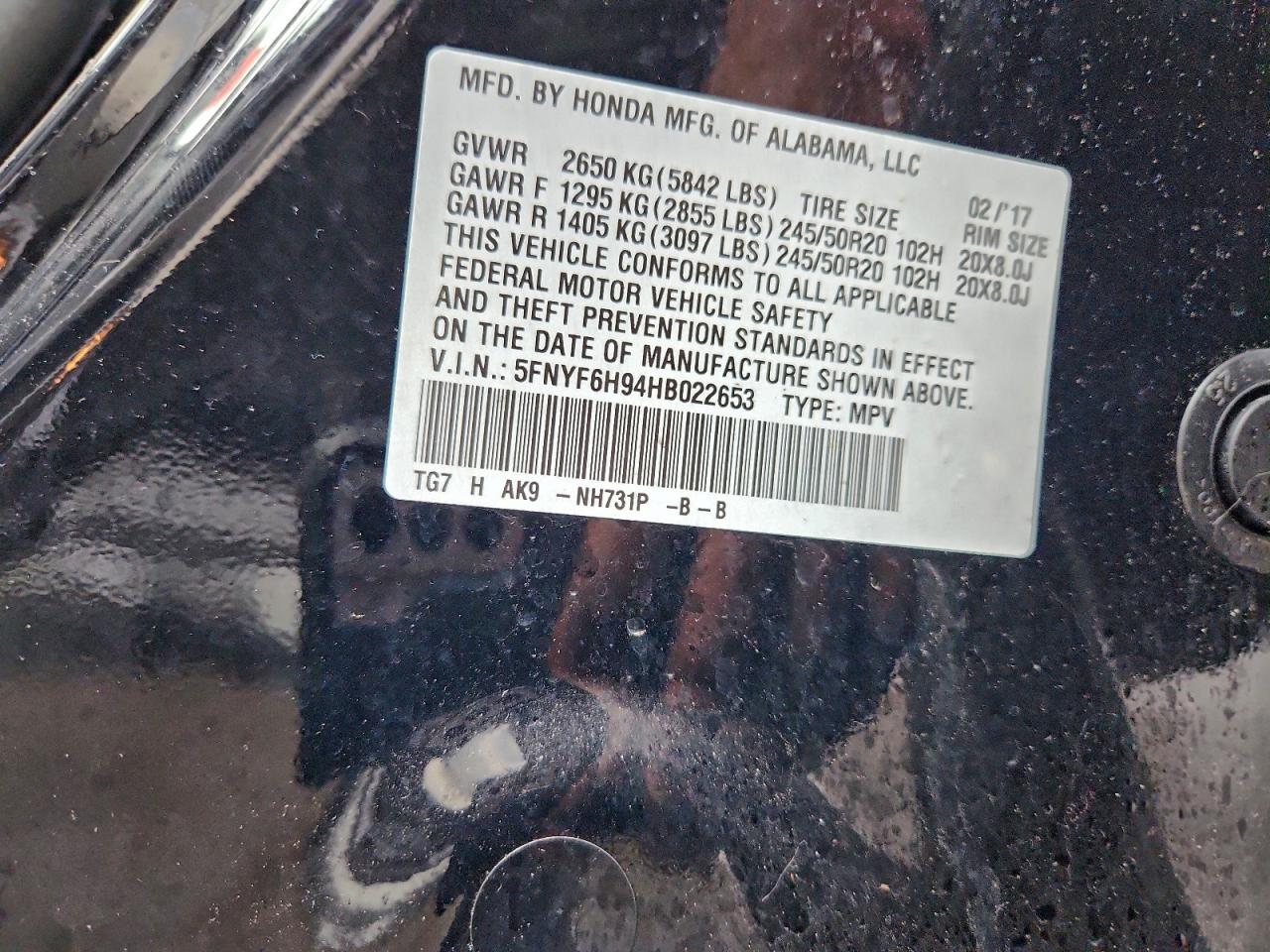 2017 Honda Pilot Touring VIN: 5FNYF6H94HB022653 Lot: 94408435