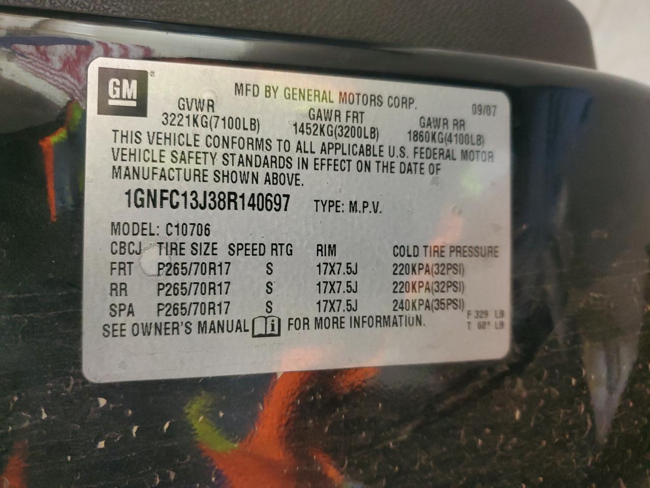 2008 Chevrolet Tahoe C1500 VIN: 1GNFC13J38R140697 Lot: 91306045