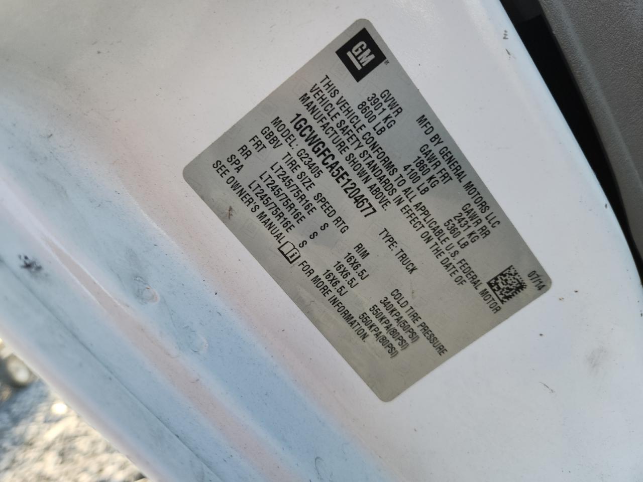 2014 Chevrolet Express G2500 VIN: 1GCWGFCA5E1204677 Lot: 93008185