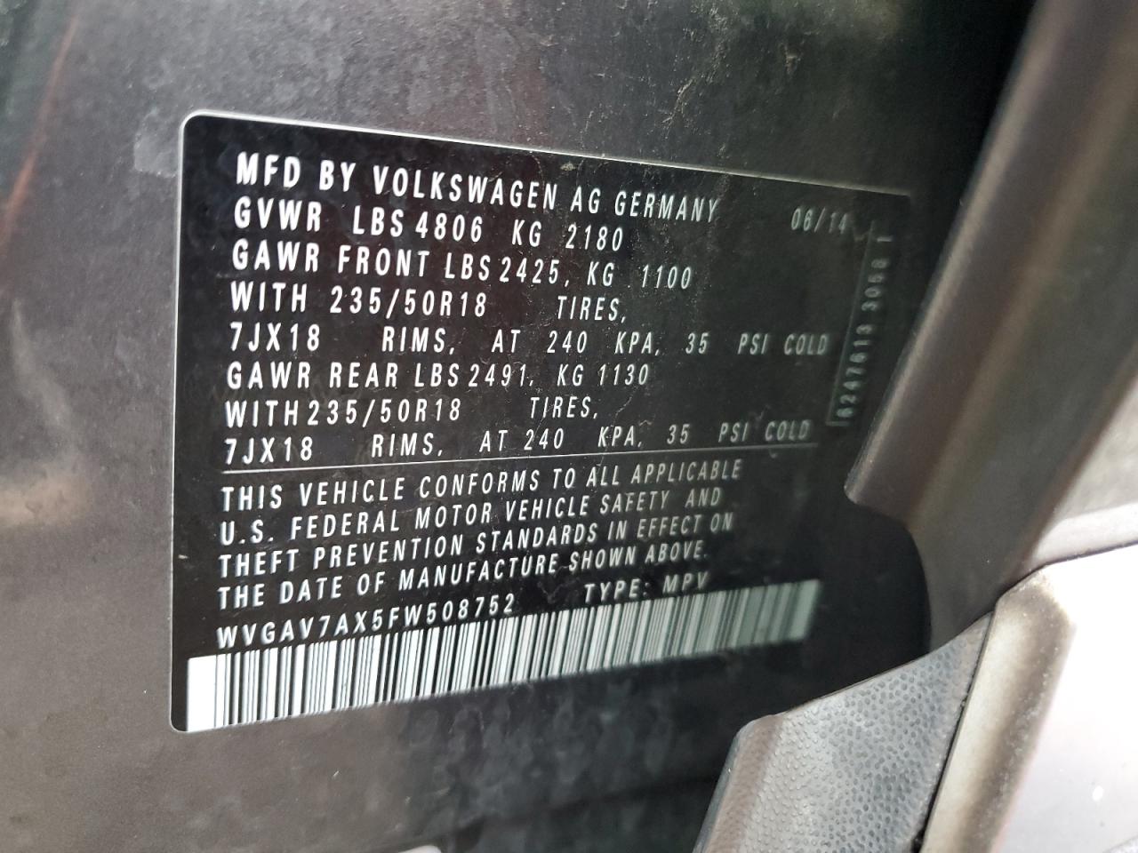 2015 Volkswagen Tiguan S VIN: WVGAV7AX5FW508752 Lot: 93029505