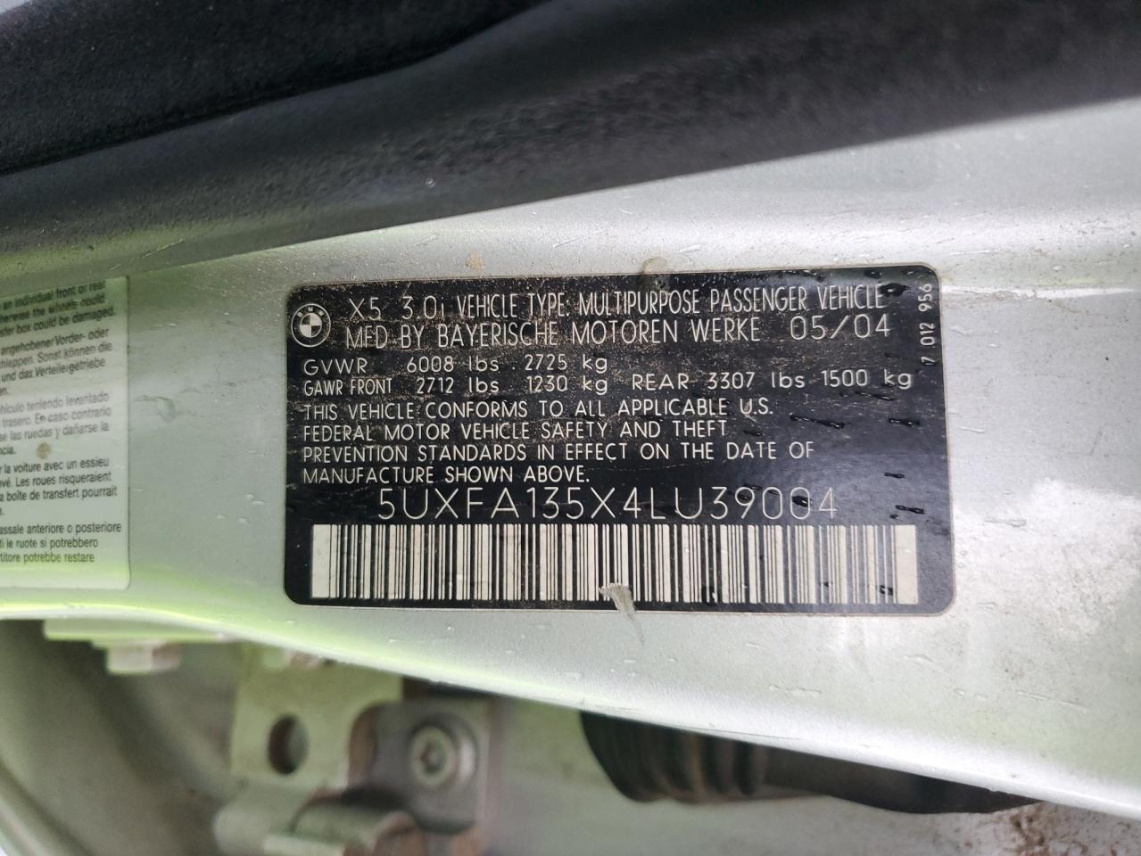 2004 BMW X5 3.0I VIN: 5UXFA135X4LU39004 Lot: 92494035