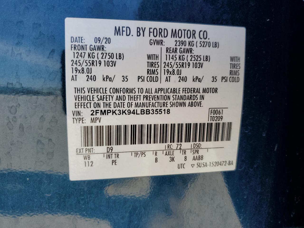 2020 Ford Edge Titanium VIN: 2FMPK3K94LBB35518 Lot: 91429845