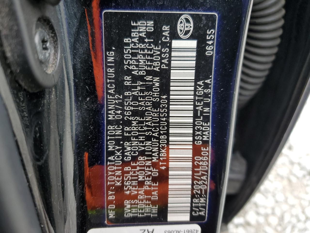 2012 Toyota Avalon Base VIN: 4T1BK3DB1CU455304 Lot: 92537165