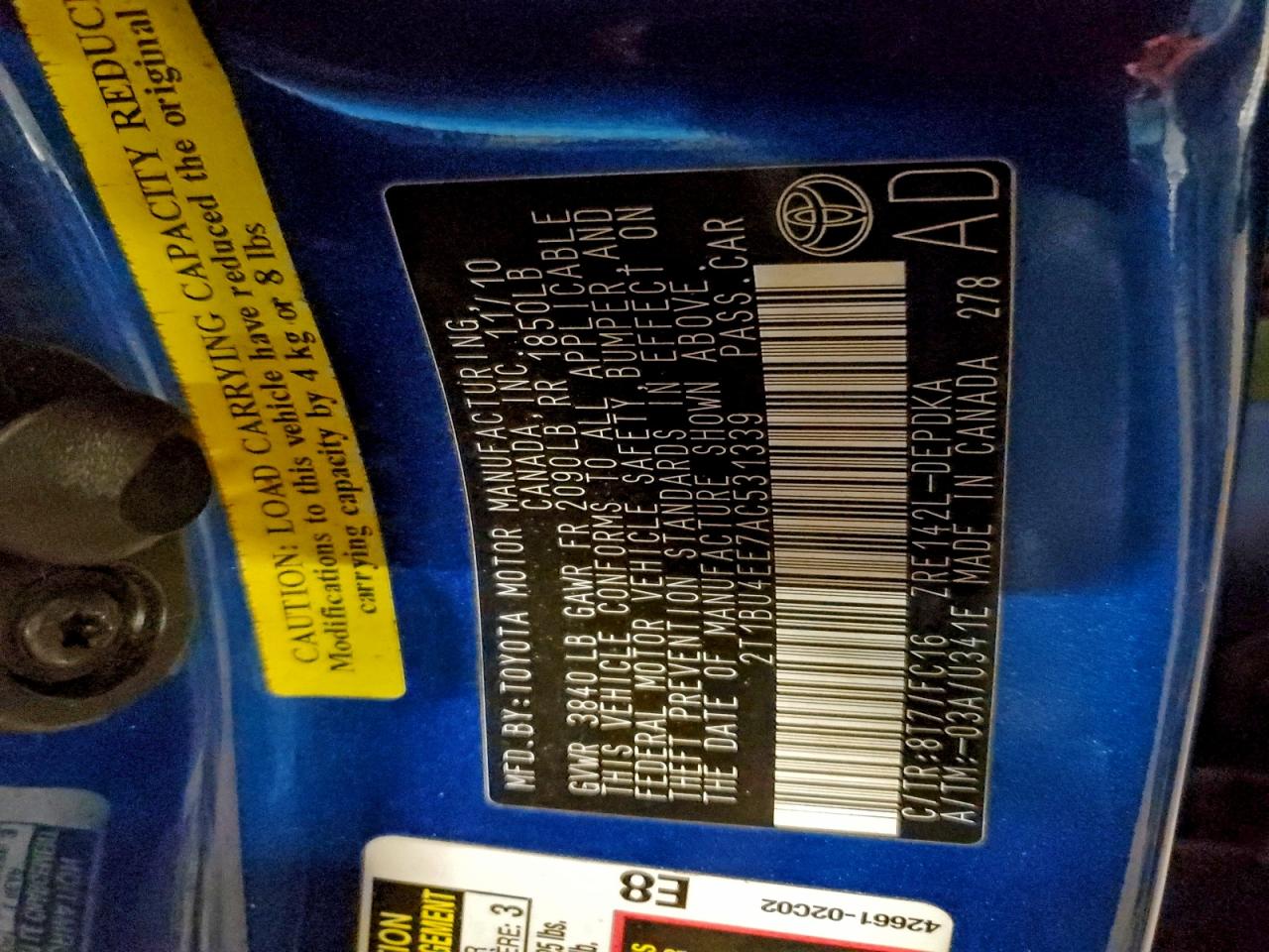 2010 Toyota Corolla Base VIN: 2T1BU4EE7AC531339 Lot: 93242335