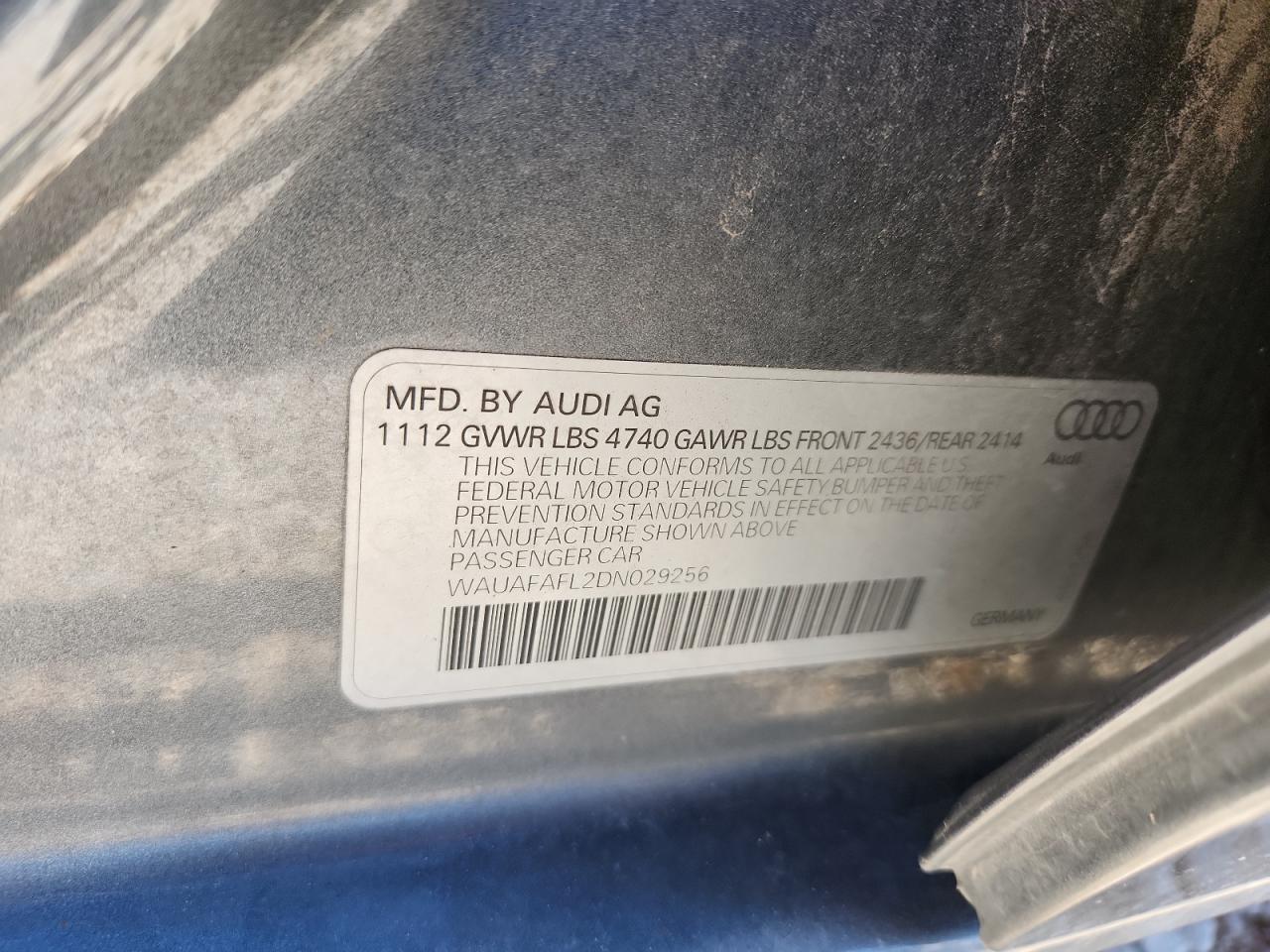 2013 Audi A4 Premium VIN: WAUAFAFL2DN029256 Lot: 91294405