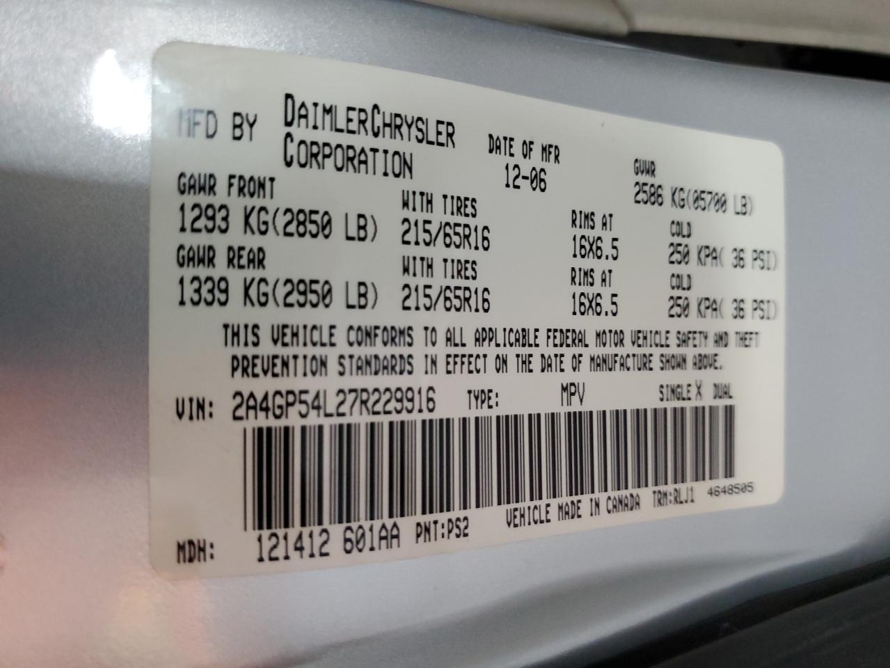 2007 Chrysler Town & Country Touring VIN: 2A4GP54L27R229916 Lot: 92953885