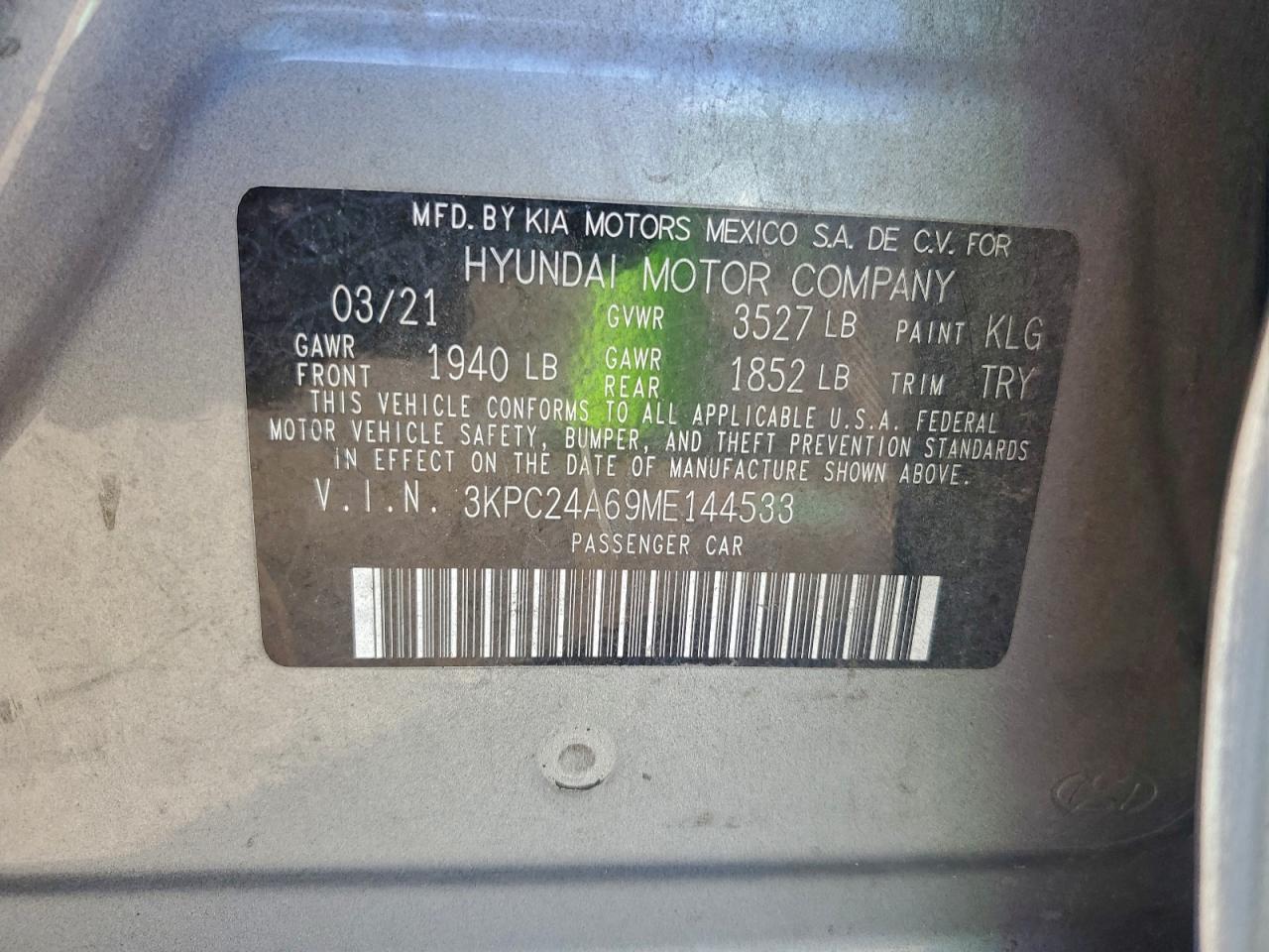 2021 Hyundai Accent Se VIN: 3KPC24A69ME144533 Lot: 94169215