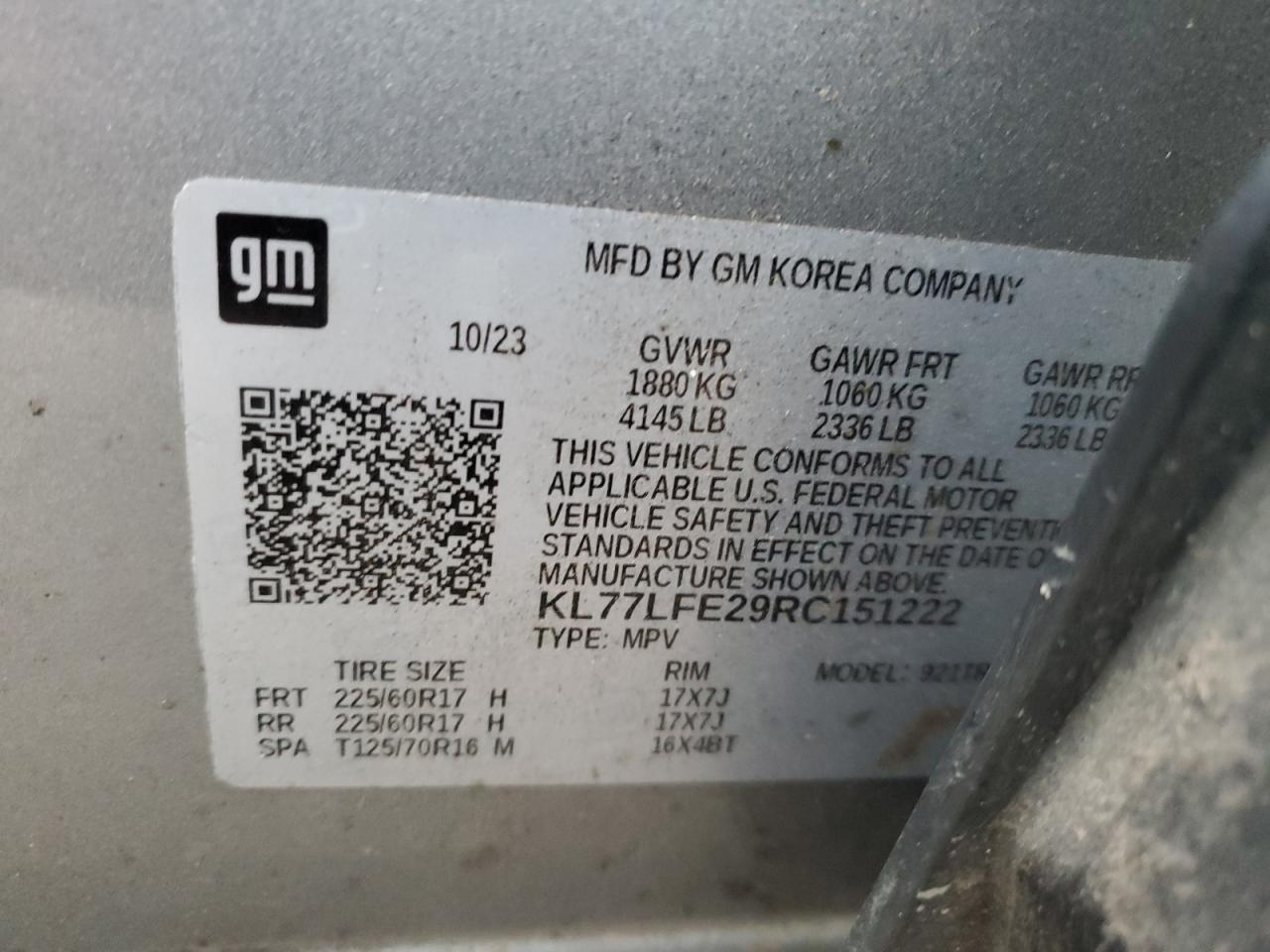 2024 Chevrolet Trax Ls VIN: KL77LFE29RC151222 Lot: 91804035