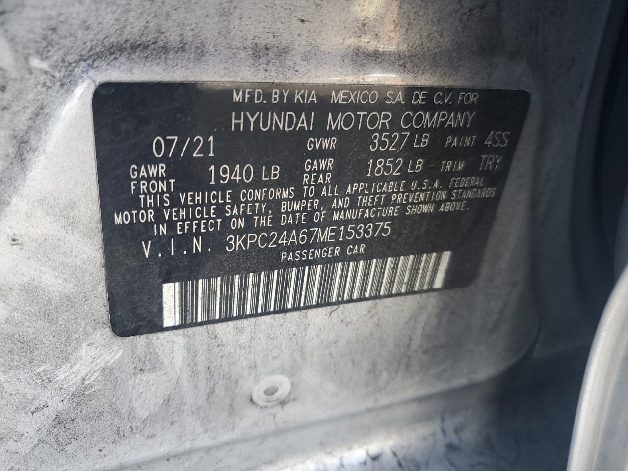 2021 Hyundai Accent Se VIN: 3KPC24A67ME153375 Lot: 91225415