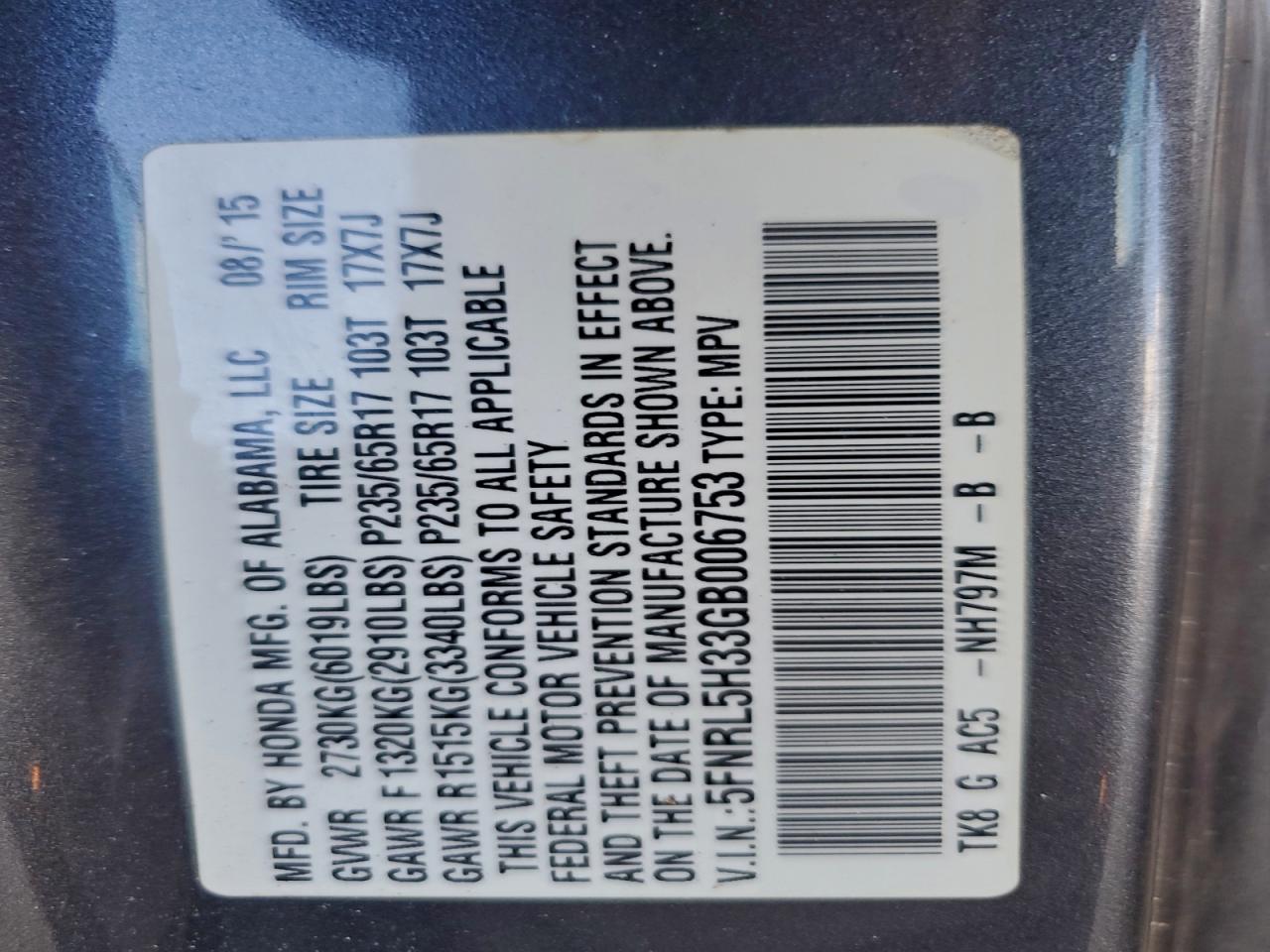 2016 Honda Odyssey Se VIN: 5FNRL5H33GB006753 Lot: 93813235