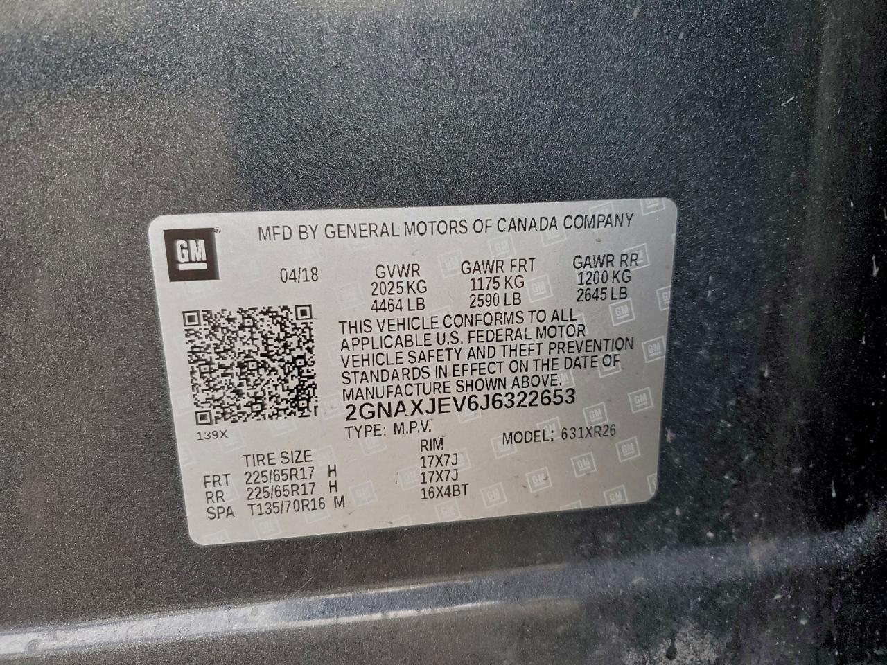 2018 Chevrolet Equinox Lt VIN: 2GNAXJEV6J6322653 Lot: 93650365