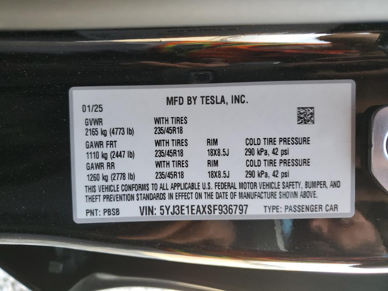 2025 Tesla Model 3 VIN: 5YJ3E1EAXSF936797 Lot: 91712205