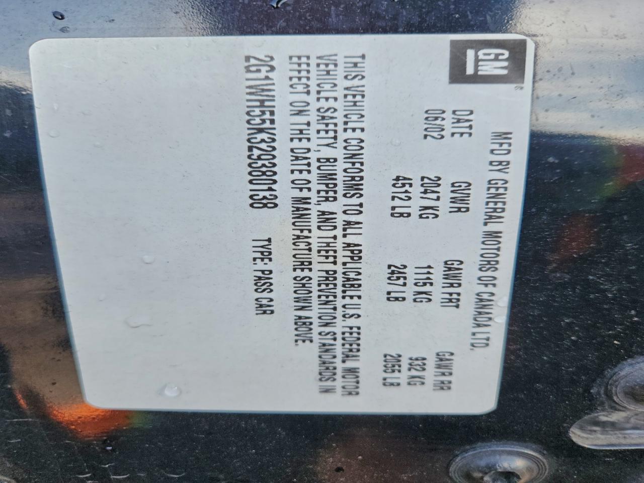 2002 Chevrolet Impala Ls VIN: 2G1WH55K329380138 Lot: 94252005