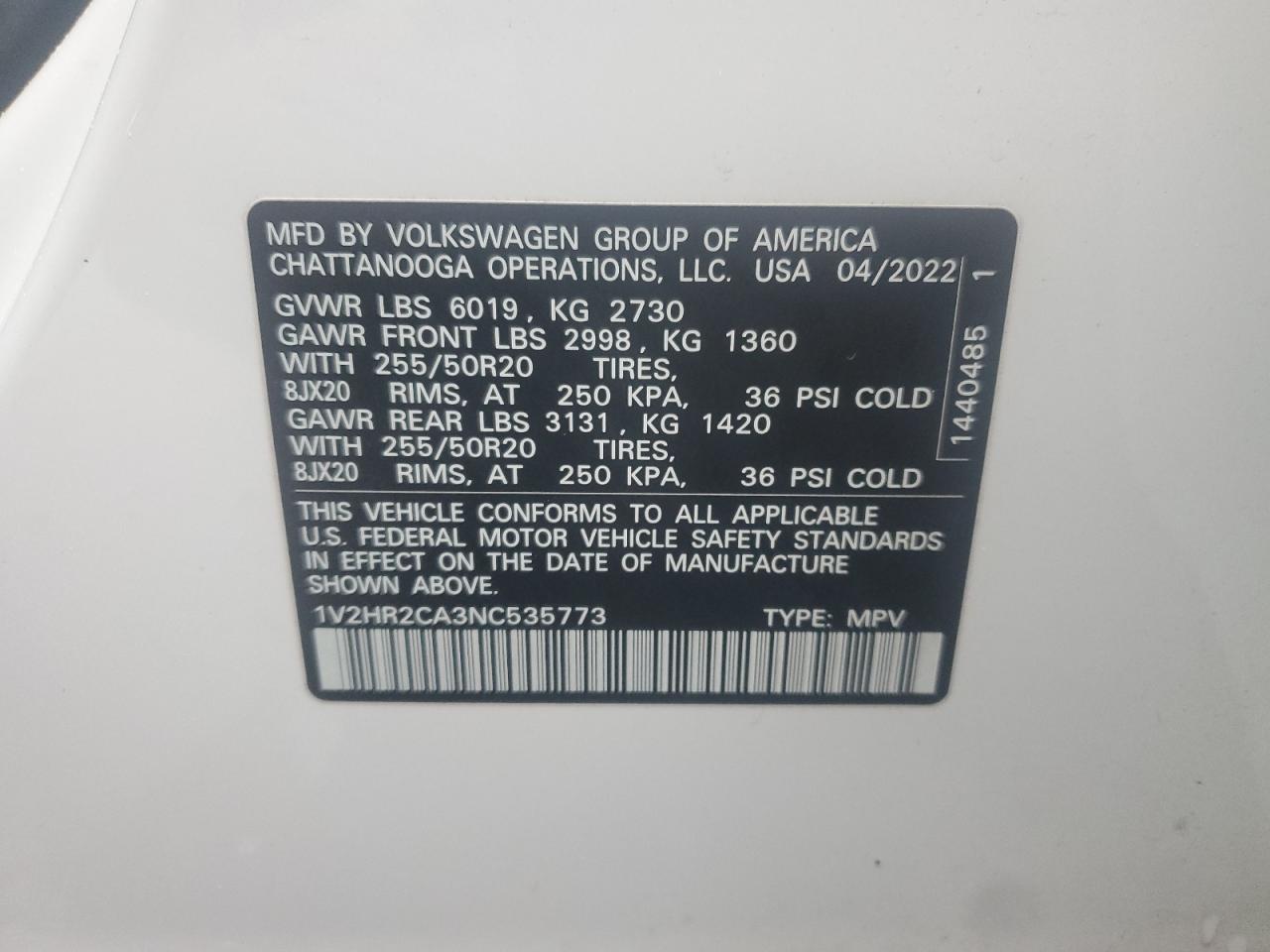 2022 Volkswagen Atlas Se VIN: 1V2HR2CA3NC535773 Lot: 93631465