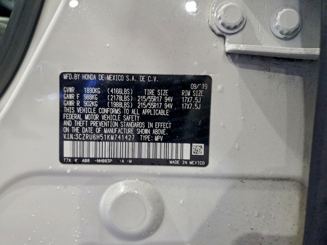 2019 Honda Hr-V Ex VIN: 3CZRU6H51KM741427 Lot: 92801825