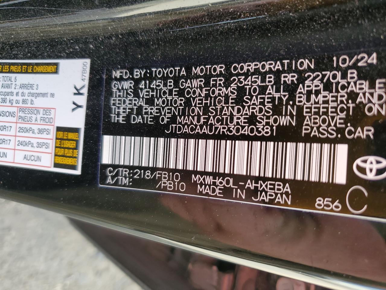 2024 Toyota Prius Le VIN: JTDACAAU7R3040381 Lot: 92160165