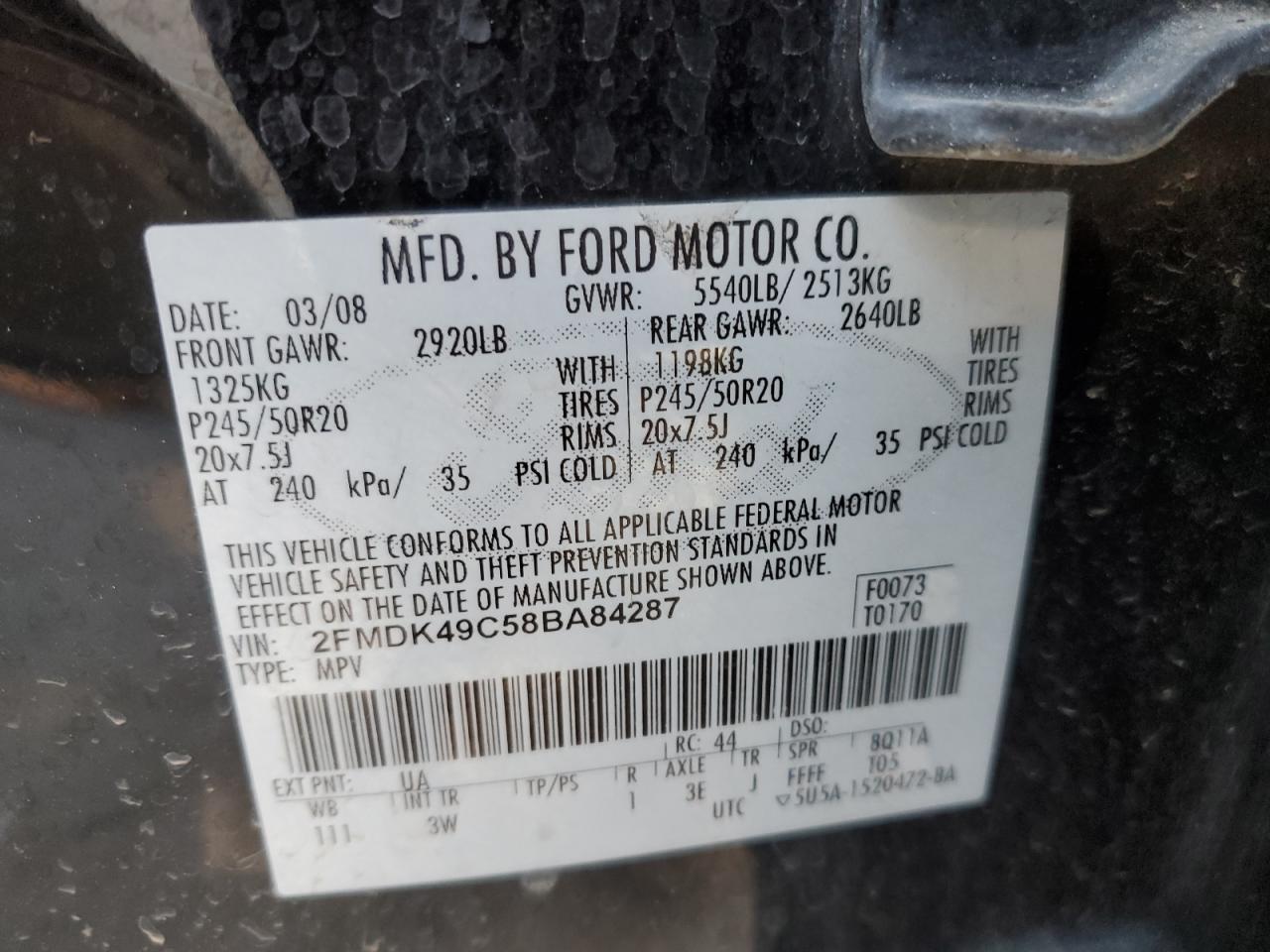 2008 Ford Edge Limited VIN: 2FMDK49C58BA84287 Lot: 91568985