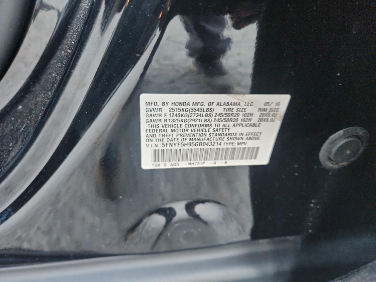 2016 Honda Pilot Touring VIN: 5FNYF5H95GB043214 Lot: 92195085