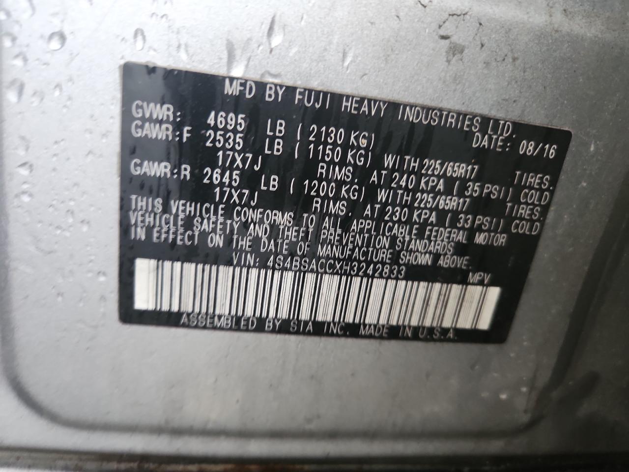 2017 Subaru Outback 2.5I Premium VIN: 4S4BSACCXH3242833 Lot: 93405345