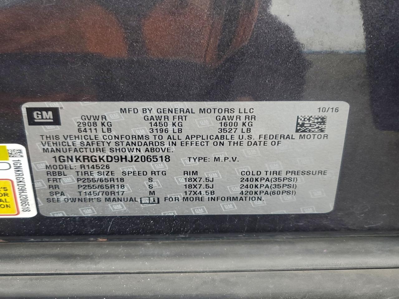 2017 Chevrolet Traverse Lt VIN: 1GNKRGKD9HJ206518 Lot: 93801075