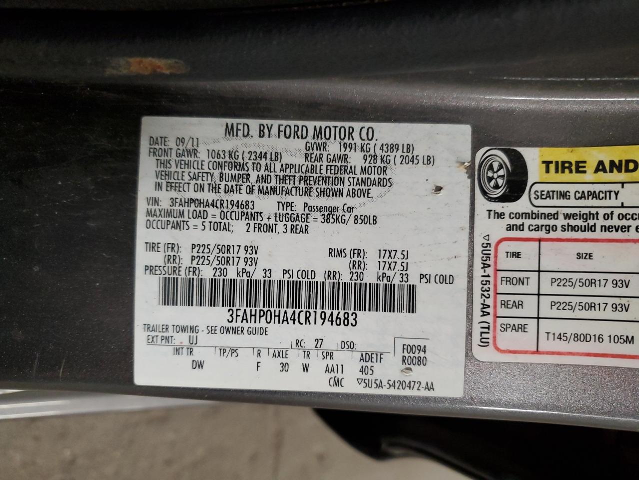 2012 Ford Fusion Se VIN: 3FAHP0HA4CR194683 Lot: 91671855