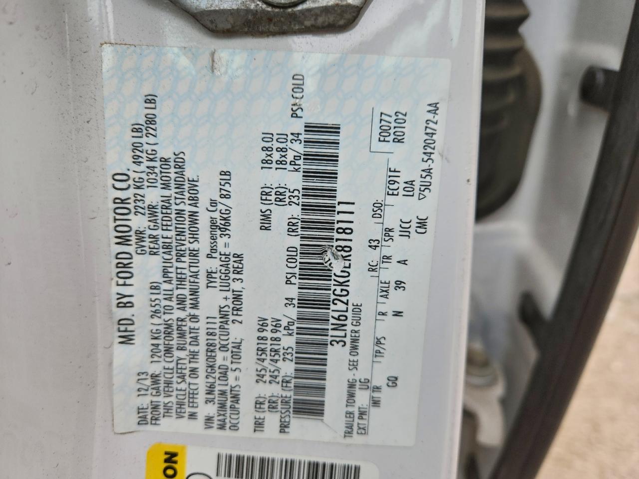 2014 Lincoln Mkz VIN: 3LN6L2GK0ER818111 Lot: 93747985