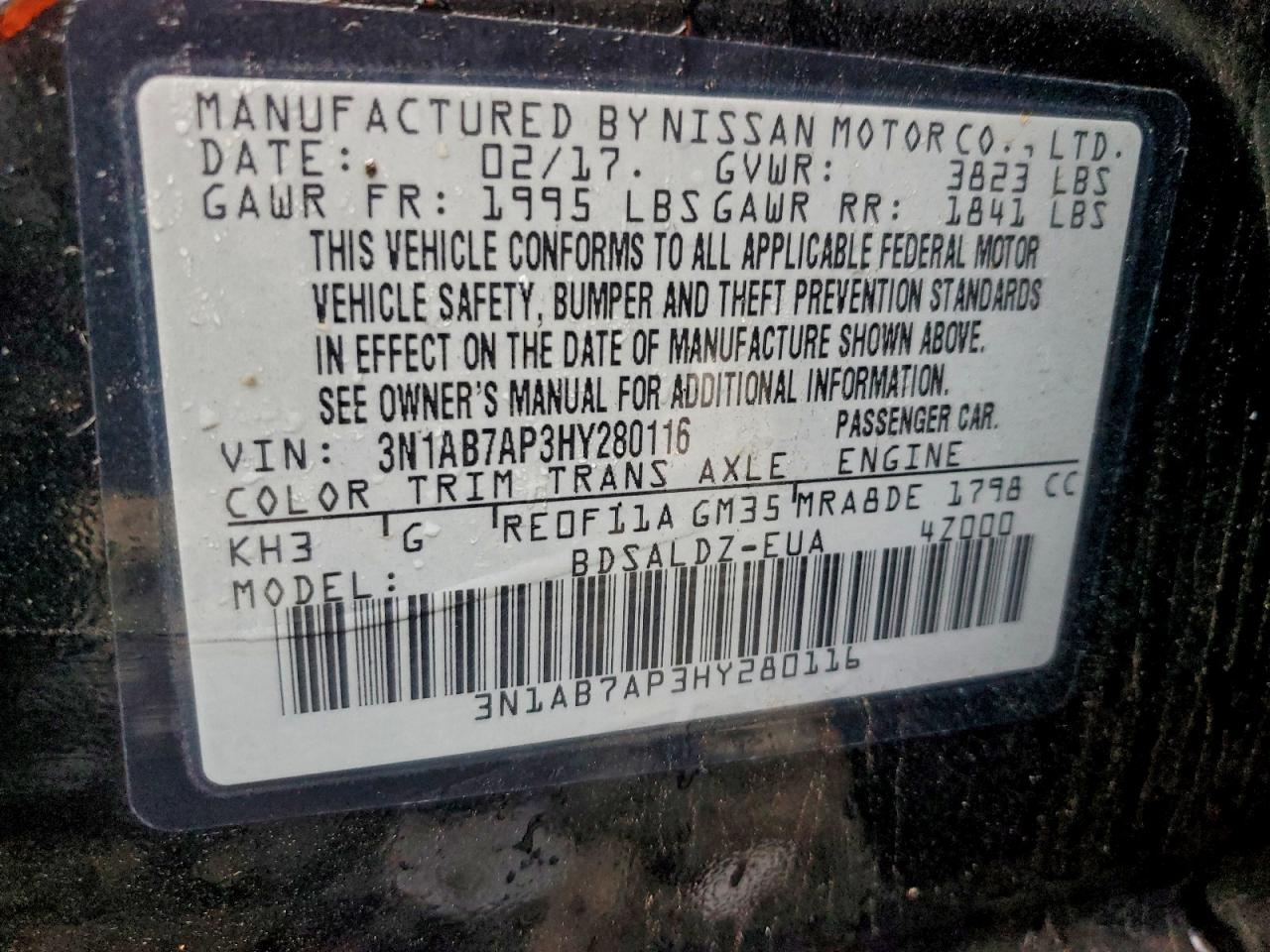 2017 Nissan Sentra S VIN: 3N1AB7AP3HY280116 Lot: 94217785