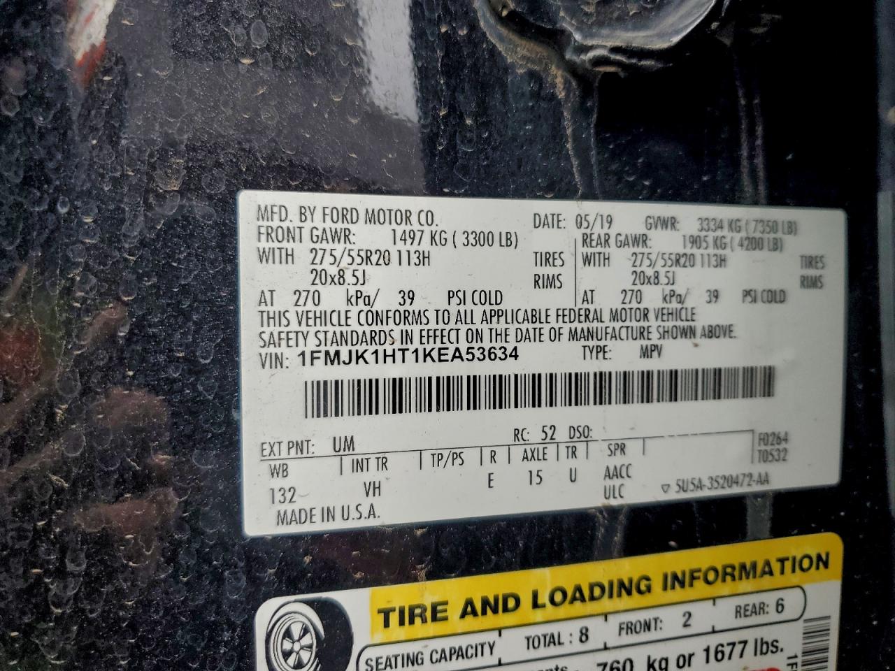 2019 Ford Expedition Max Xlt VIN: 1FMJK1HT1KEA53634 Lot: 93608015