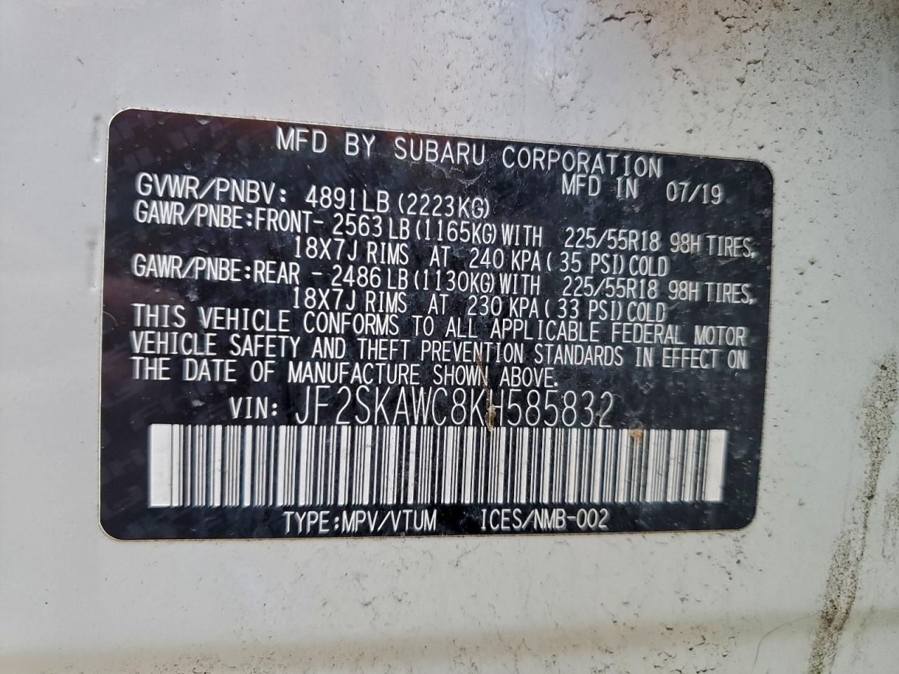 2019 Subaru Forester Touring VIN: JF2SKAWC8KH585832 Lot: 94027725