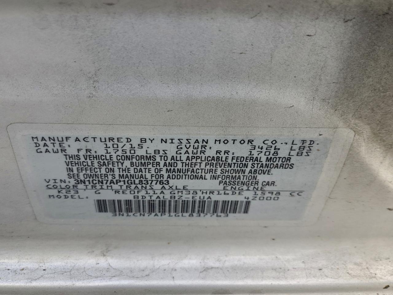 2016 Nissan Versa S VIN: 3N1CN7AP1GL837763 Lot: 94155205