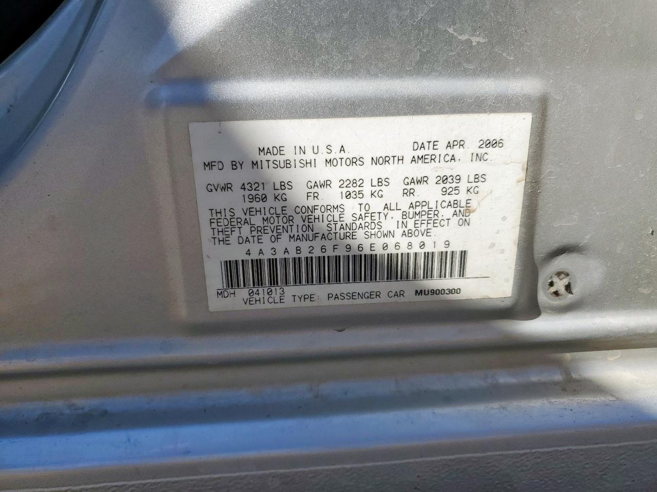 2006 Mitsubishi Galant De VIN: 4A3AB26F96E068019 Lot: 92947585