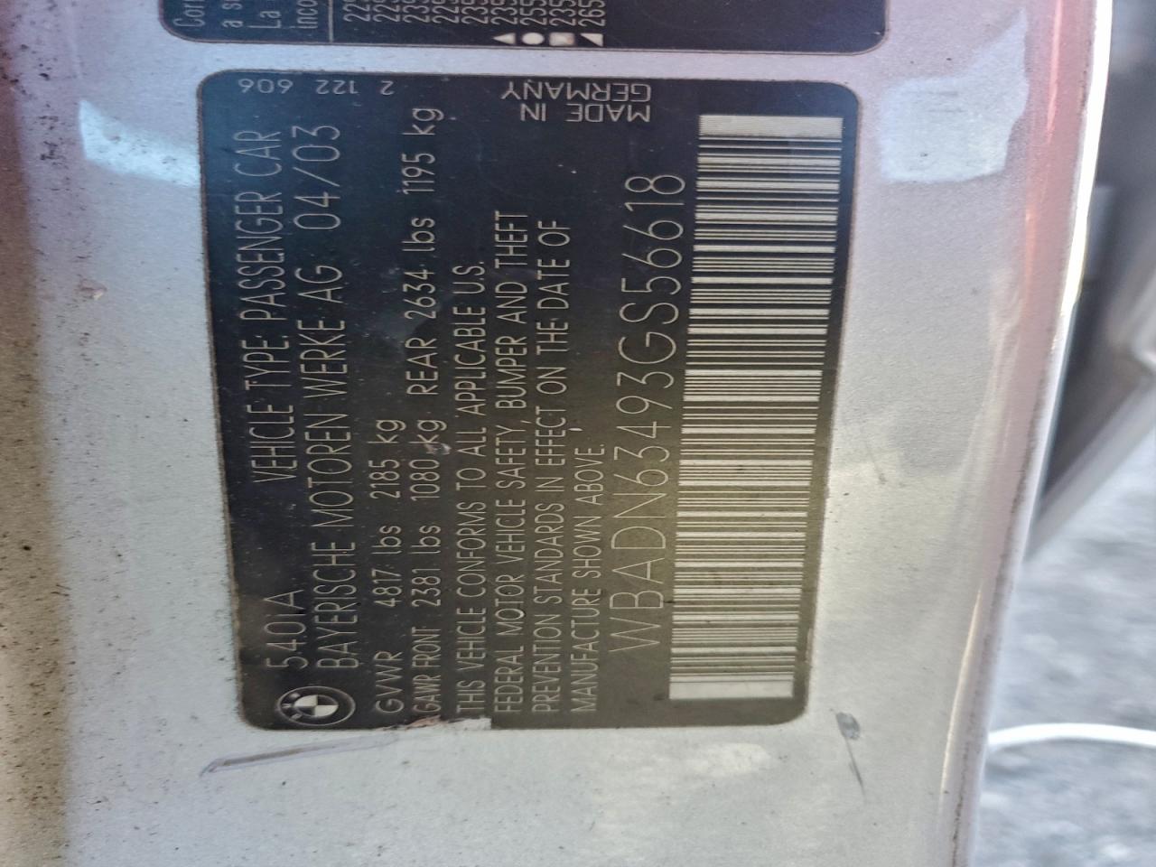 2003 BMW 540 I Automatic VIN: WBADN63493GS56618 Lot: 94469375