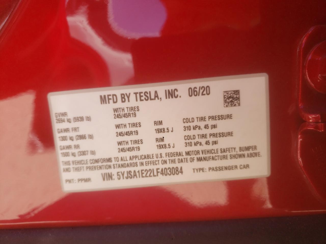 2020 Tesla Model S VIN: 5YJSA1E22LF403084 Lot: 91122375