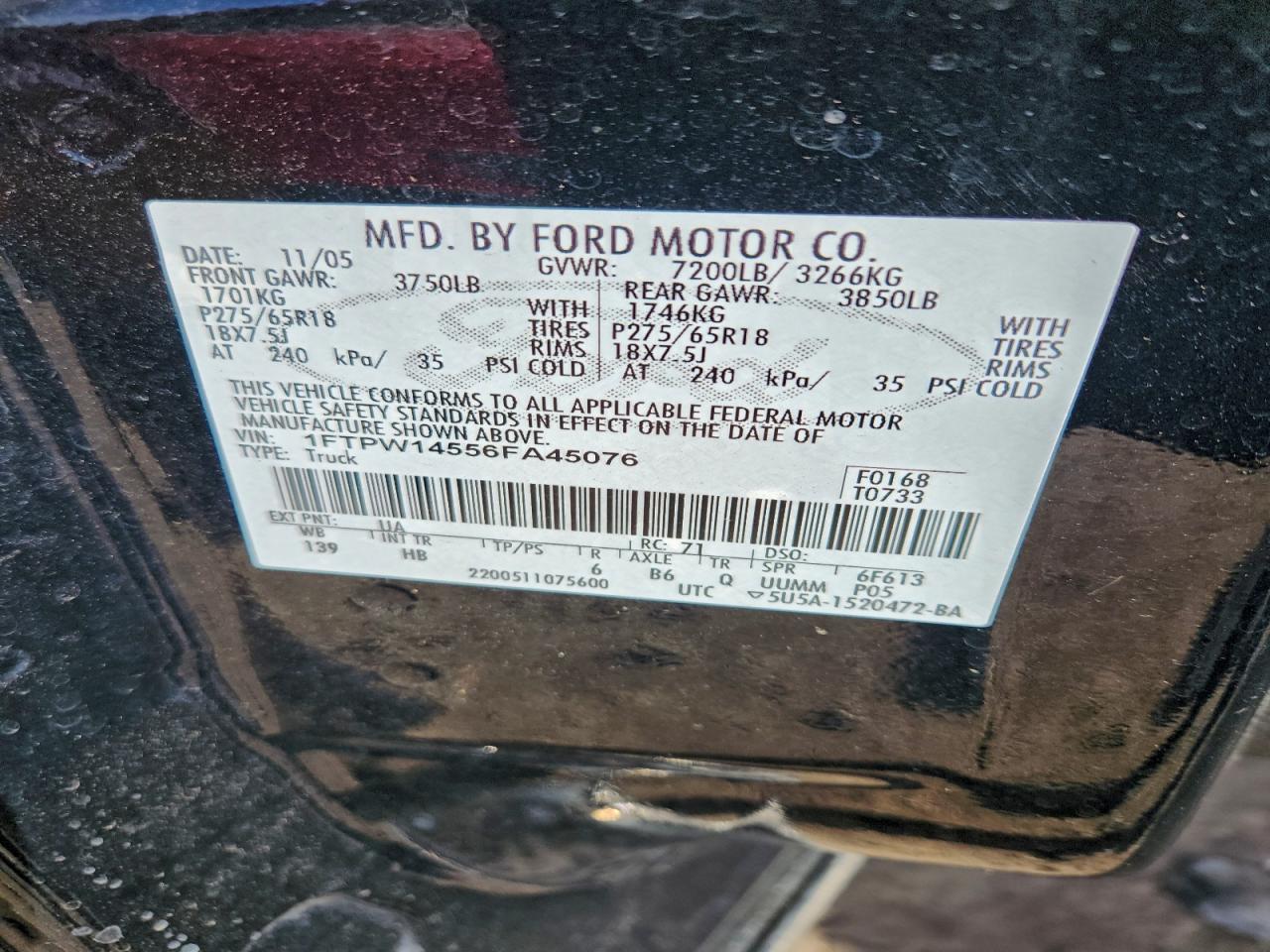 2006 Ford F150 Supercrew VIN: 1FTPW14556FA45076 Lot: 93776485