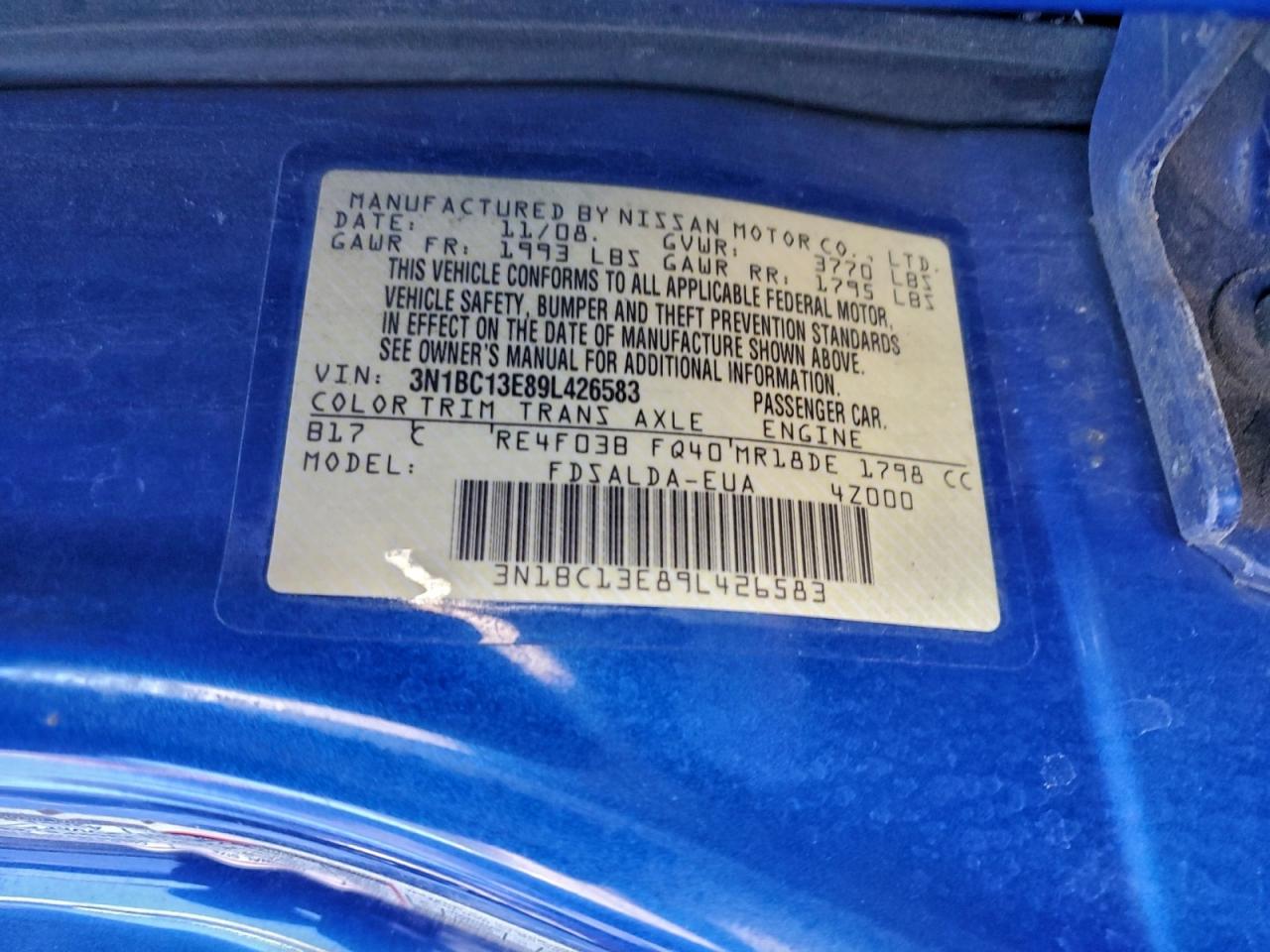 2009 Nissan Versa S VIN: 3N1BC13E89L426583 Lot: 94170735