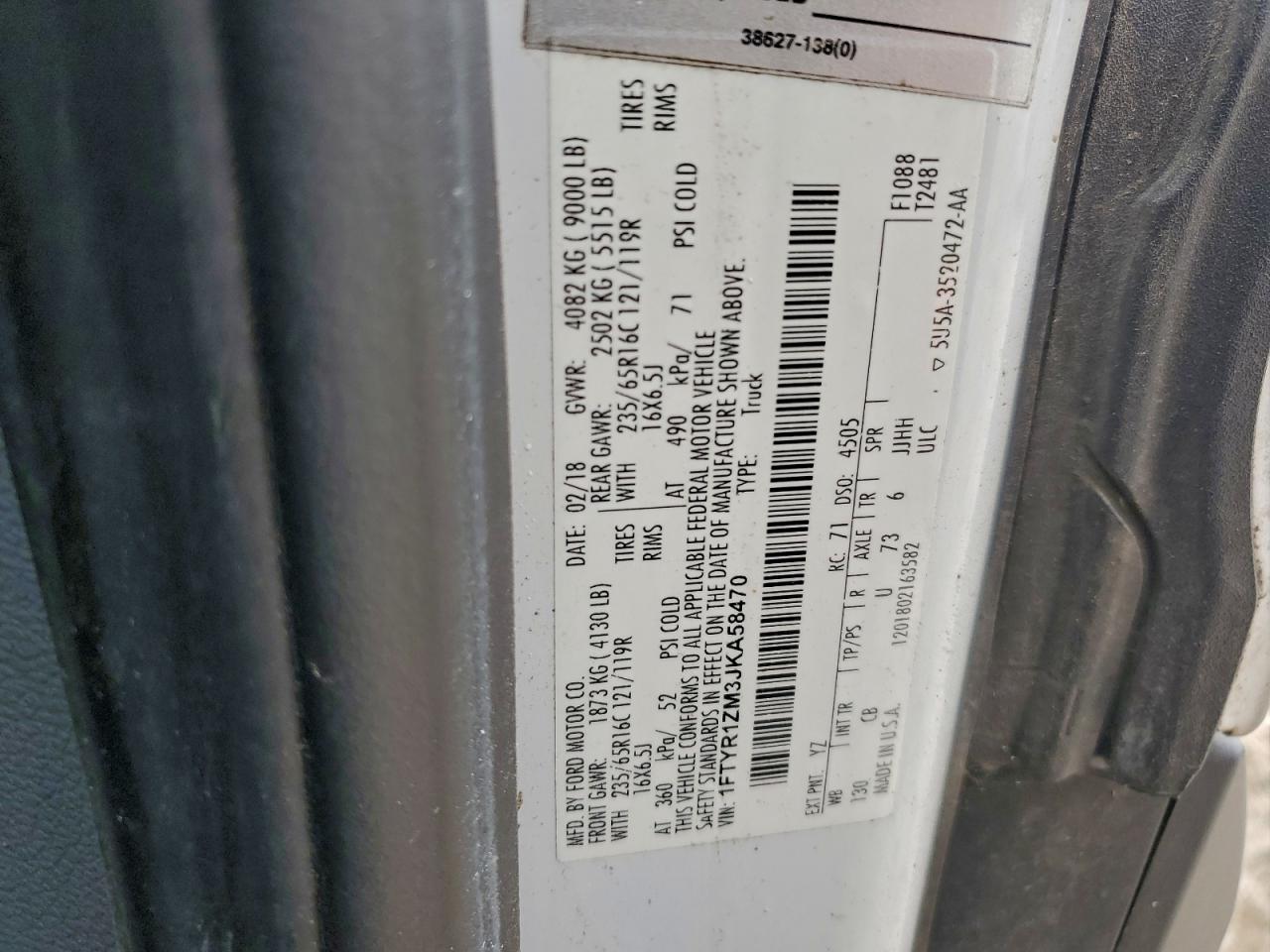 2018 Ford Transit T-250 VIN: 1FTYR1ZM3JKA58470 Lot: 90513715