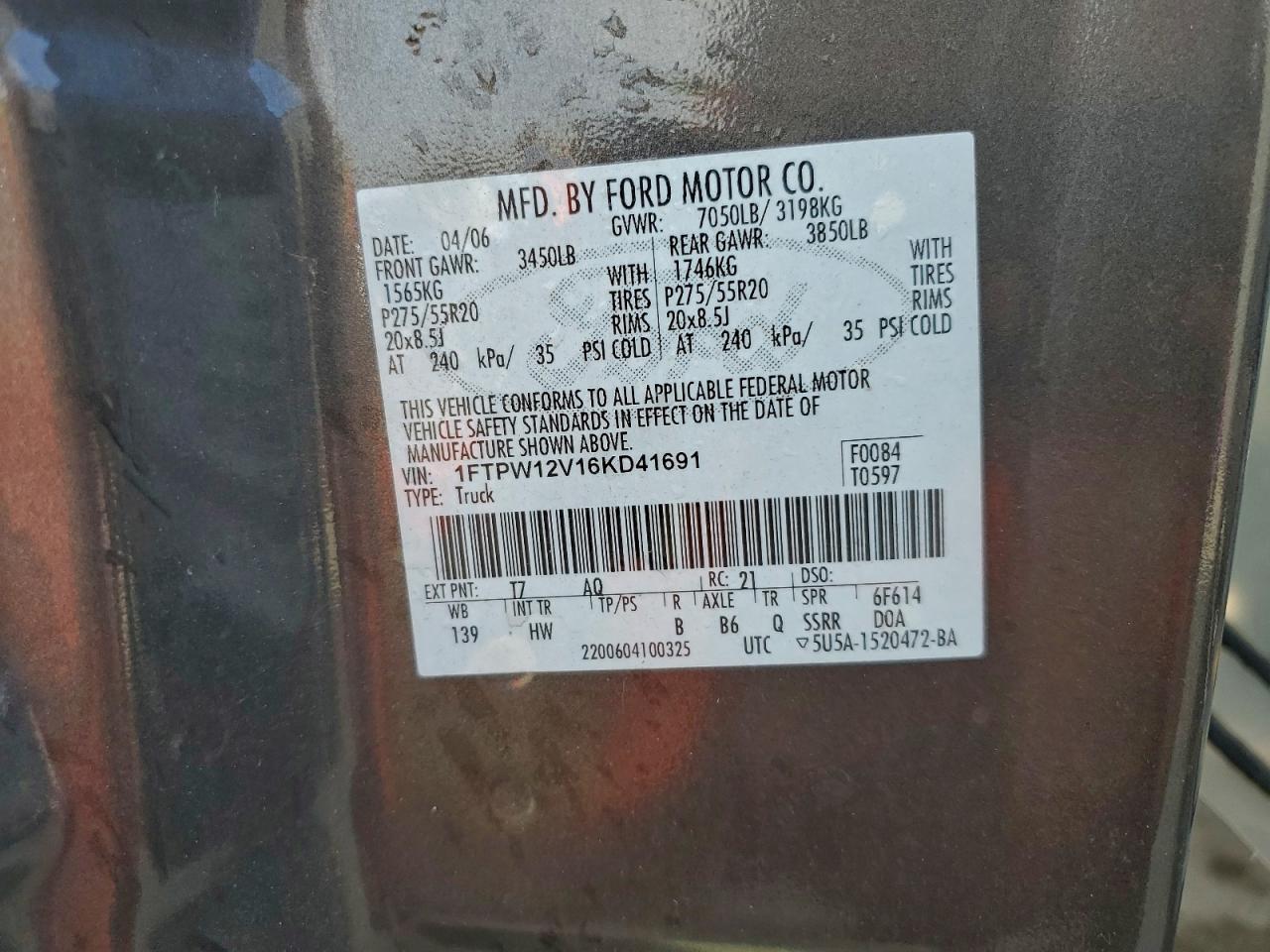 2006 Ford F150 Supercrew VIN: 1FTPW12V16KD41691 Lot: 92379815