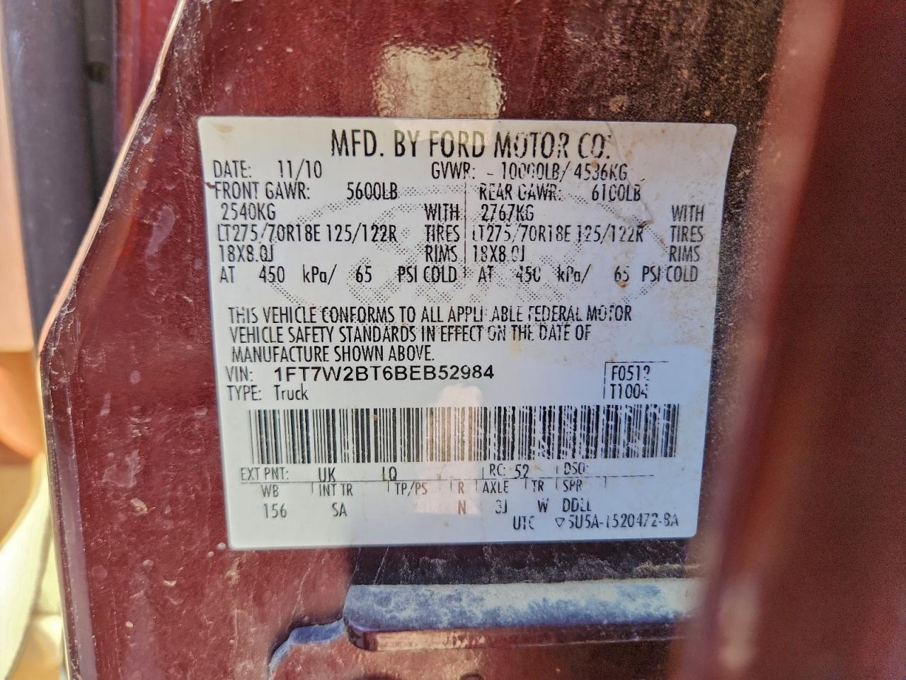 2011 Ford F250 Super Duty VIN: 1FT7W2BT6BEB52984 Lot: 94541215